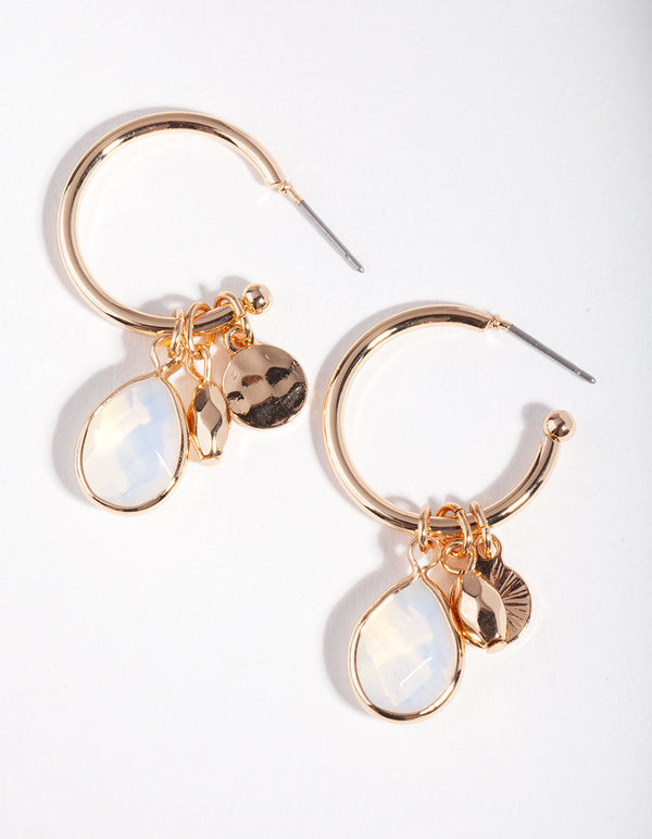Gold Moonstone Charm Drop Hoop Earrings
