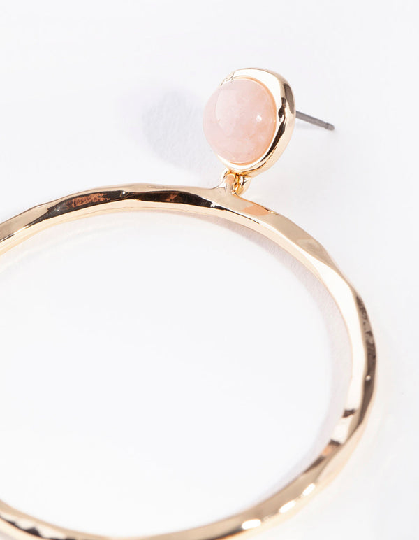 Gold Textured Pink Rose Quartz Circle Earrings