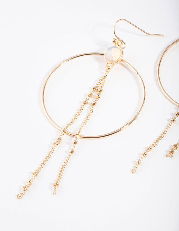 Gold Moonstone Tassel Circle Earrings