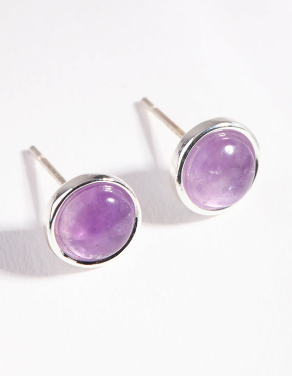 Sterling Silver Amethyst Round Bezel Stud Earrings