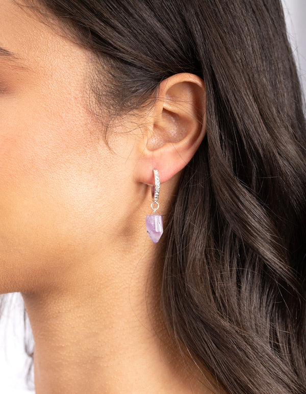 Silver Purple Half Amethyst Hoop Earrings