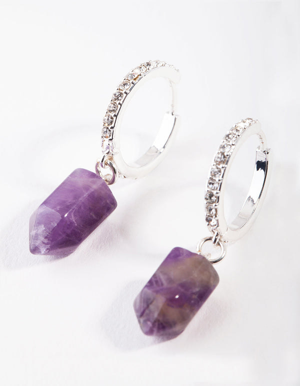 Silver Purple Half Amethyst Hoop Earrings