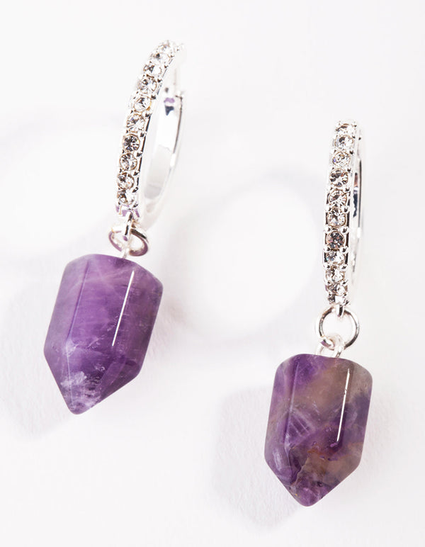 Silver Purple Half Amethyst Hoop Earrings