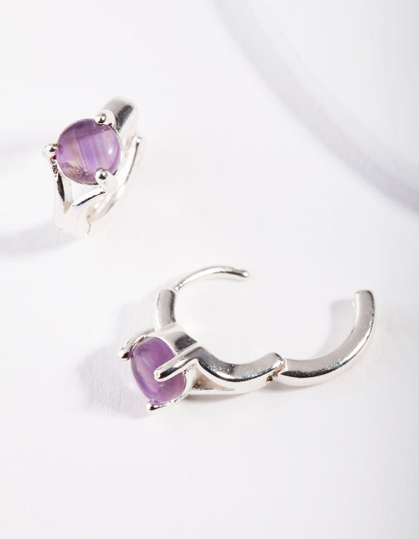 Silver Amethyst Center Stone Huggie Earrings