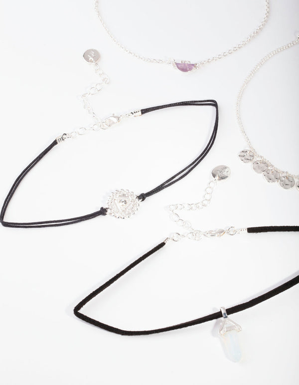 Silver Amethyst Chain Choker 4 Pack