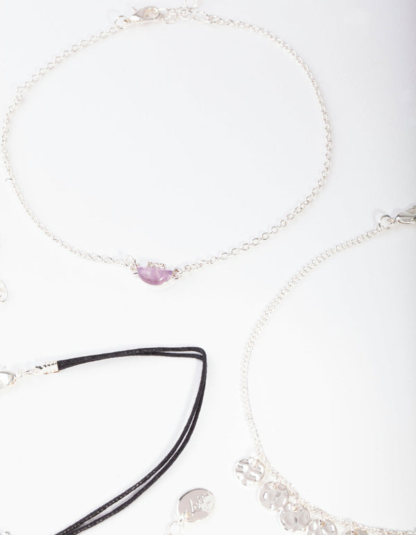 Silver Amethyst Chain Choker 4 Pack