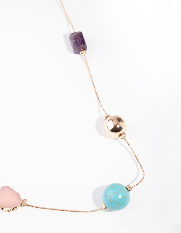 Gold Rose Quartz, Amethyst, Turquoise Long Necklace