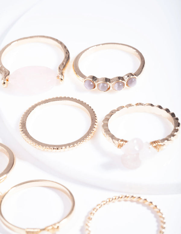 Gold Rose Quartz Moon Wrap Ring Stack