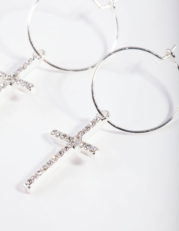 Silver Diamante Fine Wire Cross Hoop Earrings