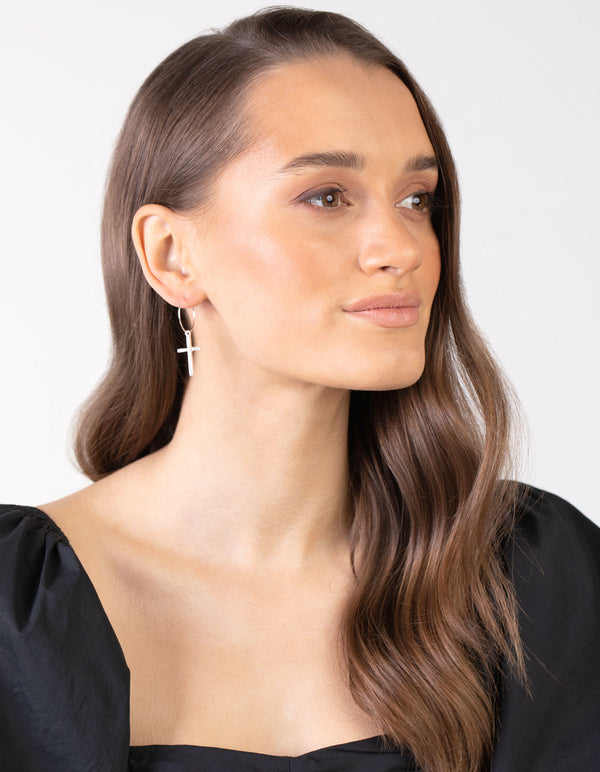 Silver Diamante Fine Wire Cross Hoop Earrings