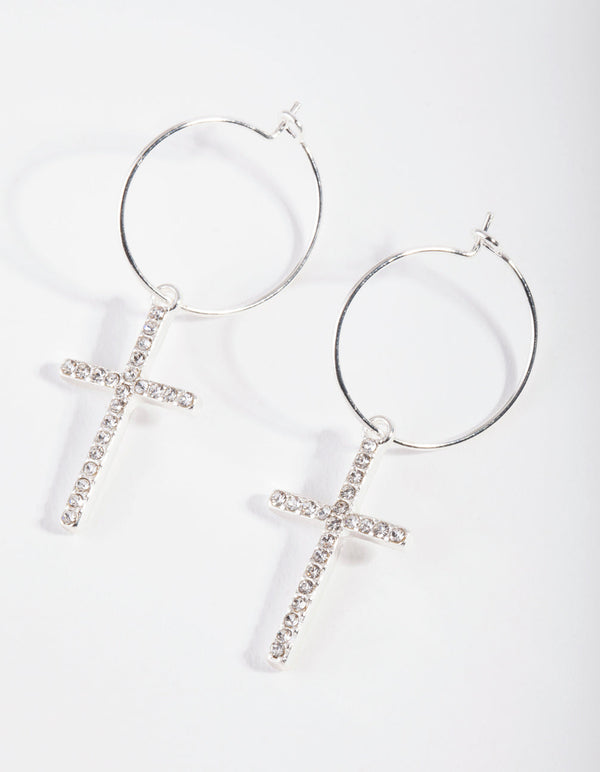 Silver Diamante Fine Wire Cross Hoop Earrings