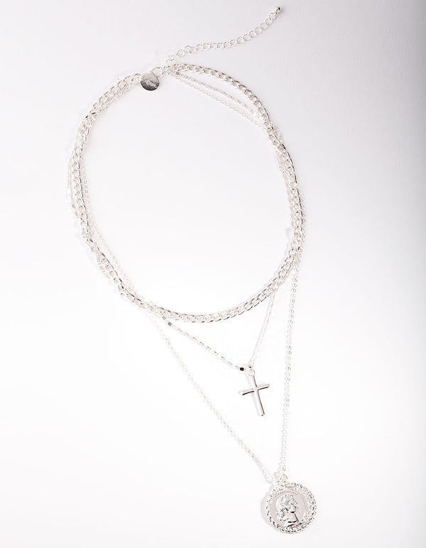 Silver Cross Coin Layered Necklace