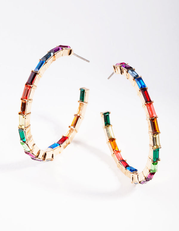 Gold Rainbow Gem Lined Hoop Earrings