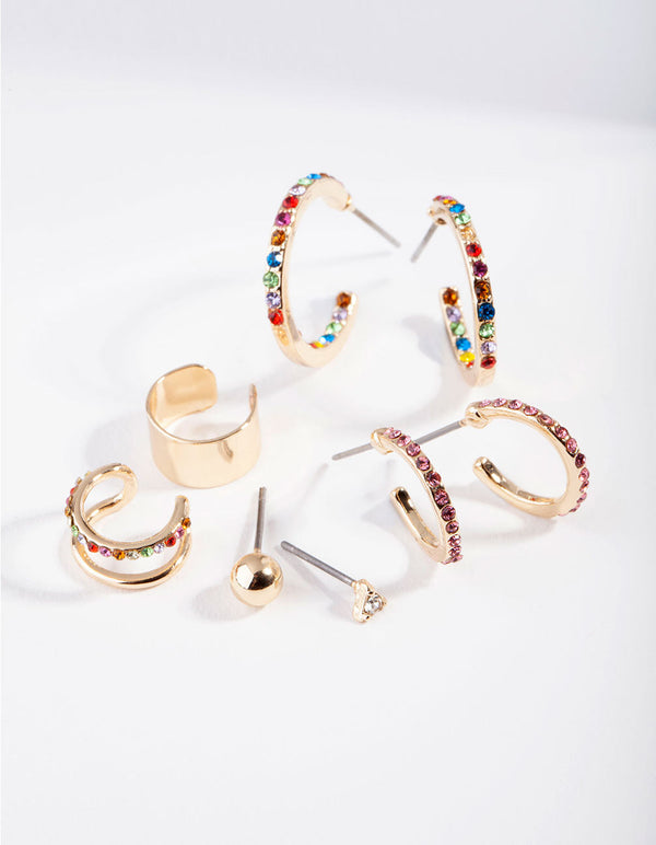Gold Rainbow Diamante Stud Hoop Ear Stack