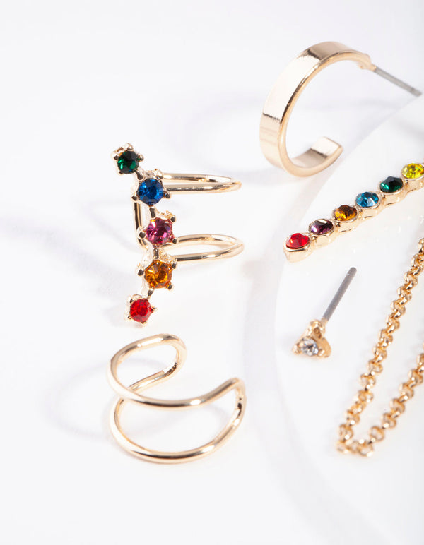 Gold Stone Rainbow Diamante Ear Stack
