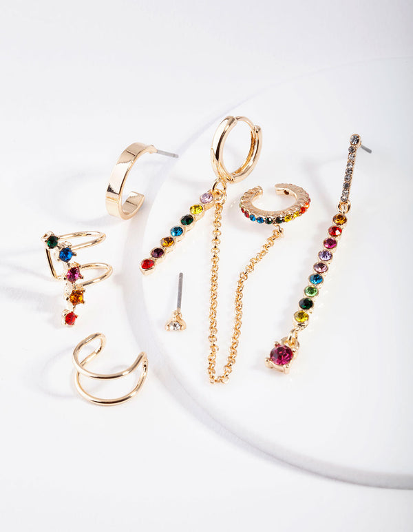 Gold Stone Rainbow Diamante Ear Stack