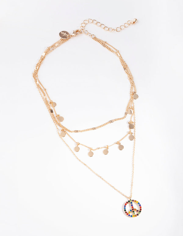 Gold Layered Rainbow Diamante Peace Necklace
