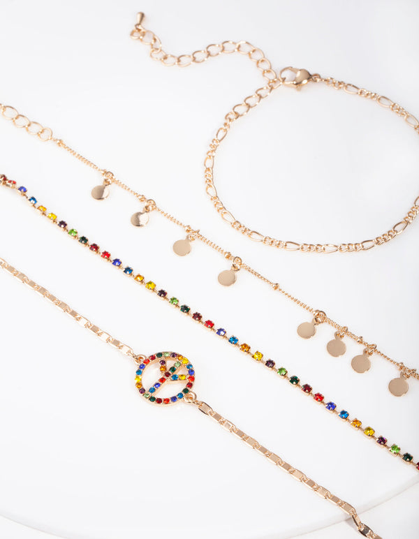 Gold Rainbow Diamante Peace Bracelet Anklet 4 Pack