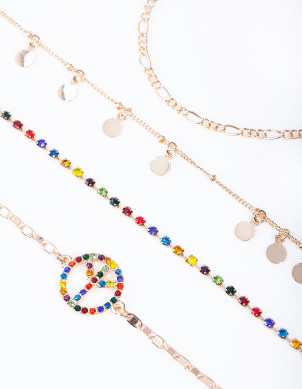 Gold Rainbow Diamante Peace Bracelet Anklet 4 Pack