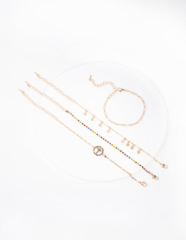 Gold Rainbow Diamante Peace Bracelet Anklet 4 Pack