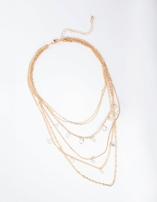 Gold Cubic Zirconia Chain 5 Row Necklace