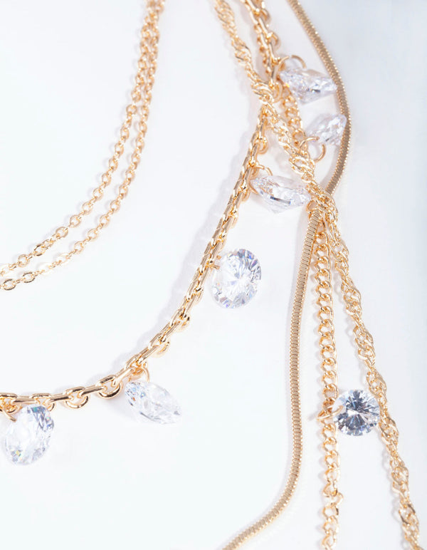 Gold Cubic Zirconia Chain 5 Row Necklace