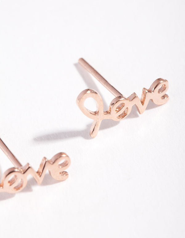 Kolczyki ze srebra próby 925 z napisem Love Script w kolorze różowego złota
