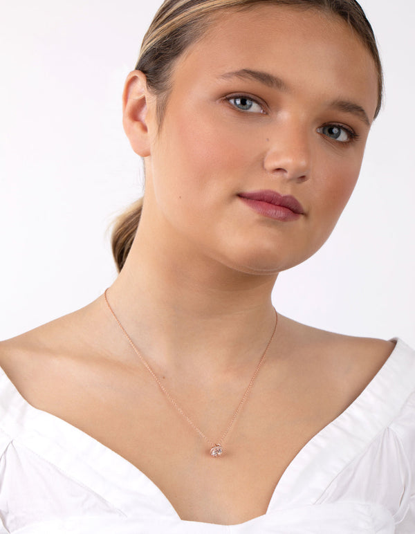 Rose Gold Plated Sterling Silver Cubic Zirconia Halo Necklace