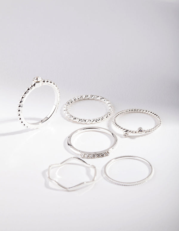 Silver Diamante Mixed Band Ring 6 Pack
