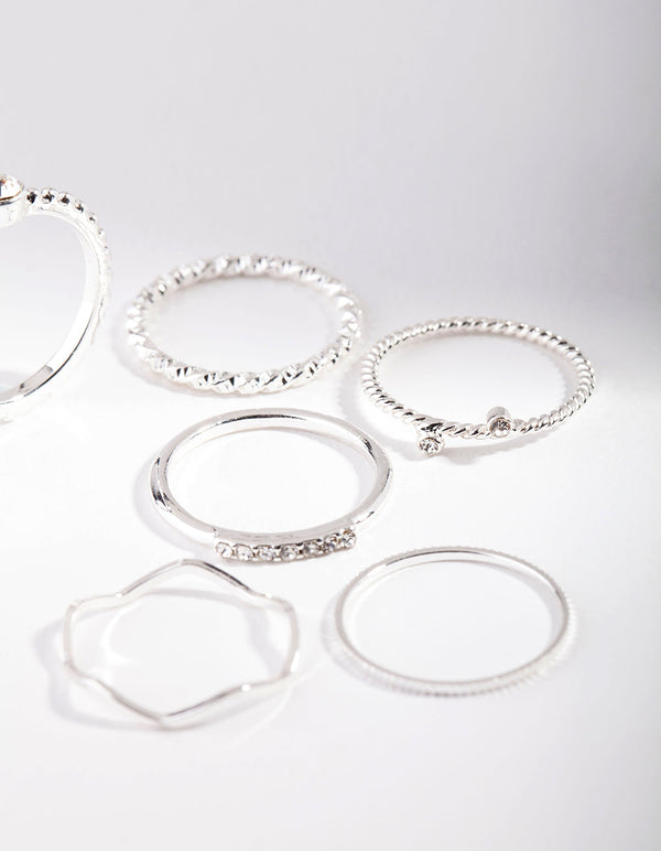 Silver Diamante Mixed Band Ring 6 Pack