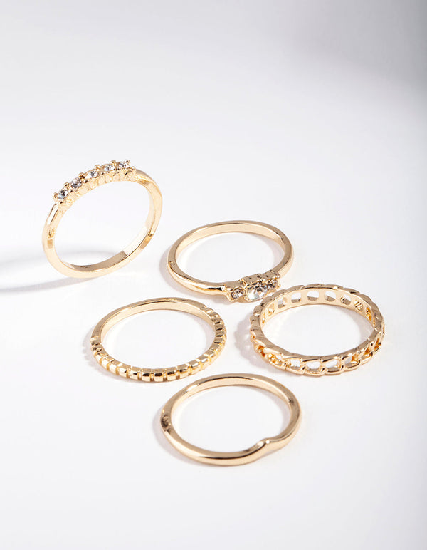 Gold Diamante and Chain Ring 5 Pack