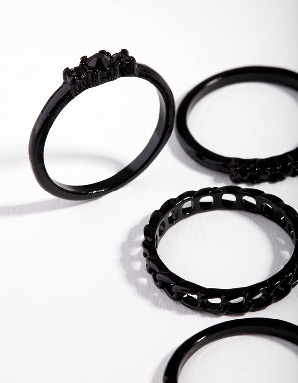 Black Diamante and Chain Ring 5 Pack