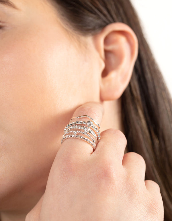 Silver Diamante Mixed Band Ring 6 Pack