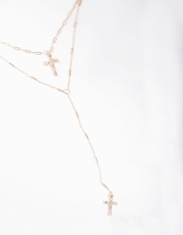 Rose Gold Cross Double Row Necklace
