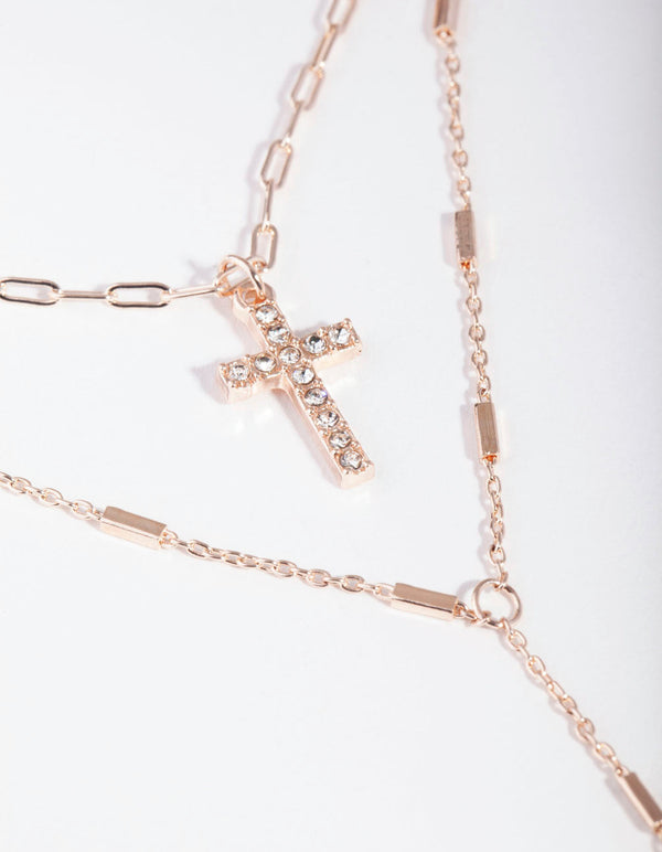 Rose Gold Cross Double Row Necklace