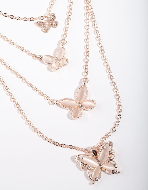 Rose Gold Bead and Butterfly 4 Row Necklace