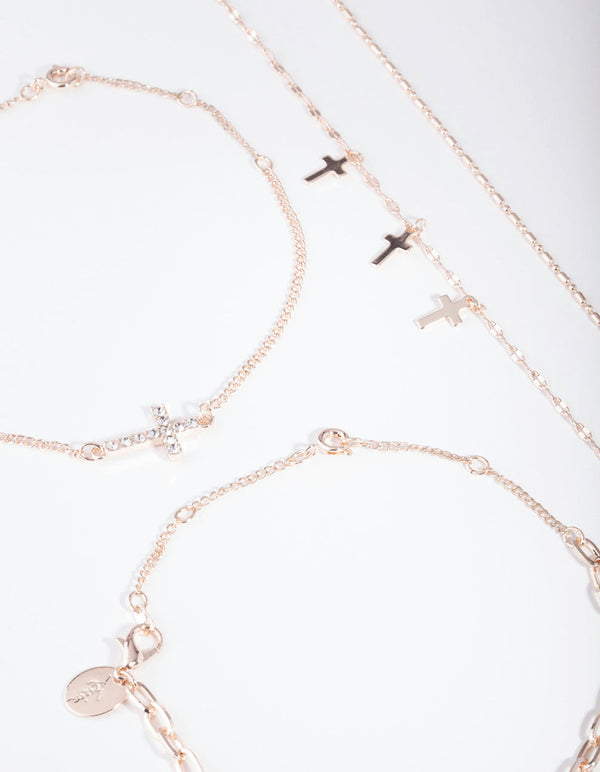 Rose Gold Chain & Cross Bracelet Anklet Pack