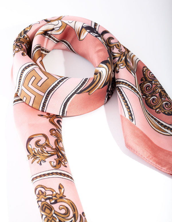 Pink Gold Baroque Print Bandana Hair Scarf