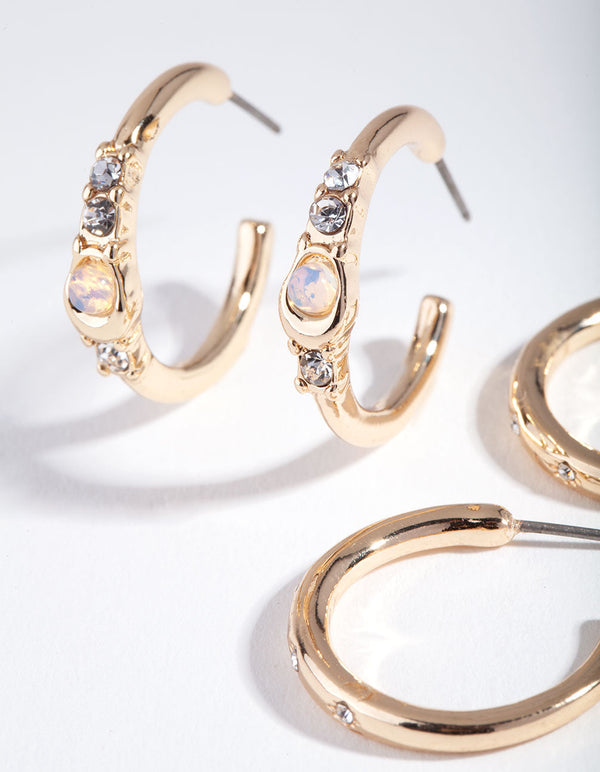 Duże złote kolczyki koła z kraterowanym kamieniem, zestaw 3 sztuk