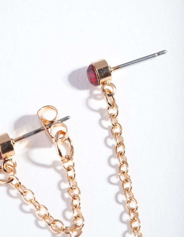 Złote kolczyki z łańcuszkiem z czerwonego kamienia