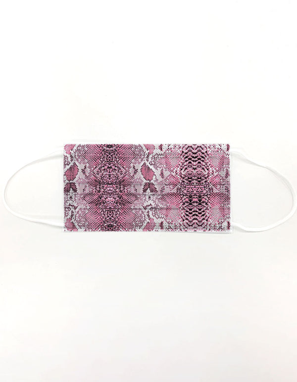 10 Pack Single Use Disposable Pink Snake Print Face Mask