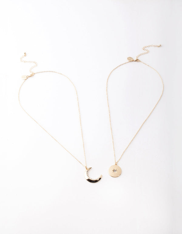 Złoty naszyjnik z księżycem i gwiazdą z diamentami (2 sztuki)