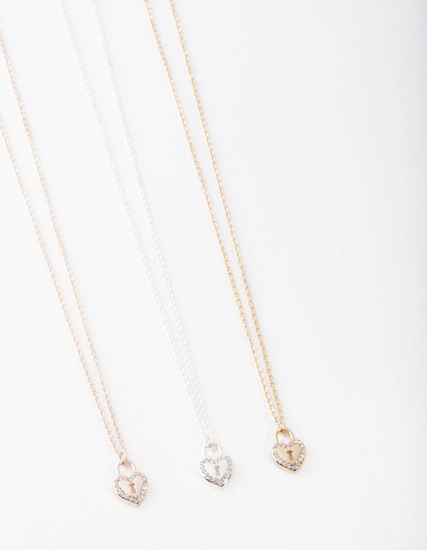 Naszyjnik z mieszanego metalu z kłódką w kształcie serca i diamentami, 3 sztuki