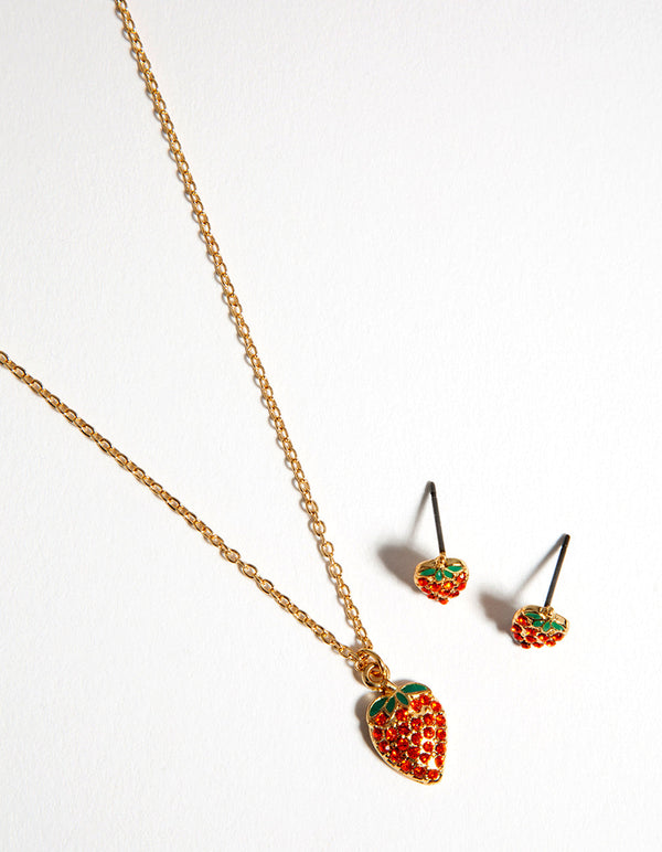 Złoty komplet naszyjnika i kolczyków z kryształkami w kształcie truskawki