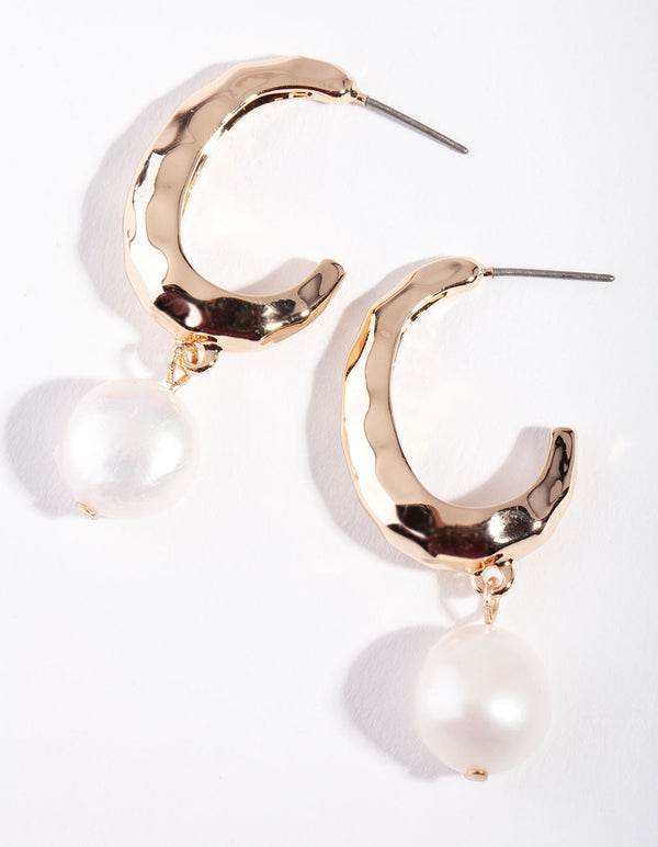 Gold Freshwater Pearl Drop Hoop Earring