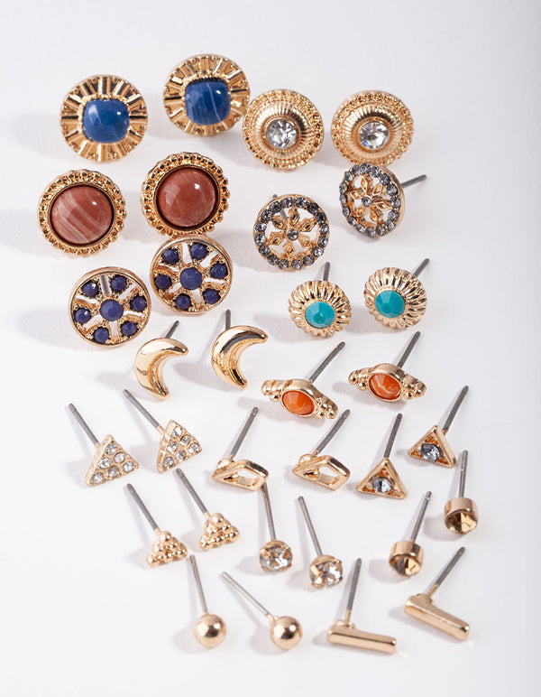 Zestaw 16 kolczyków z mieszanego złota w stylu boho