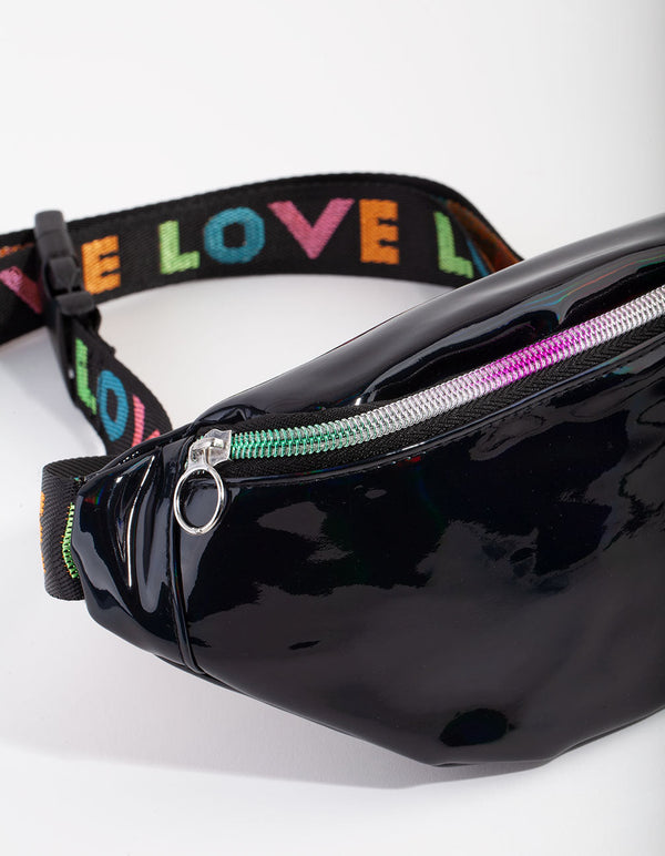 Dziecięca torba biodrowa z czarnego poliuretanu z mieszanym materiałem i paskiem Love Strap