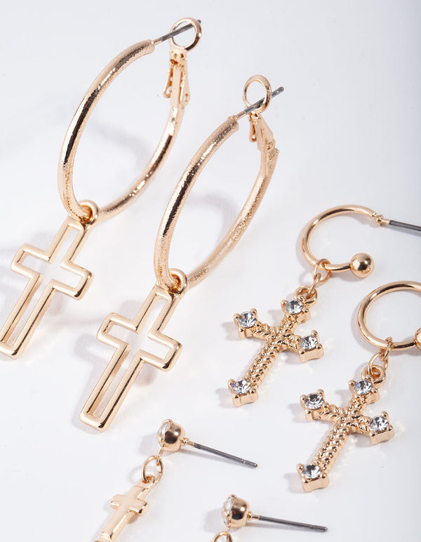 Gold Diamante Cross 3-Pack Drop Earring