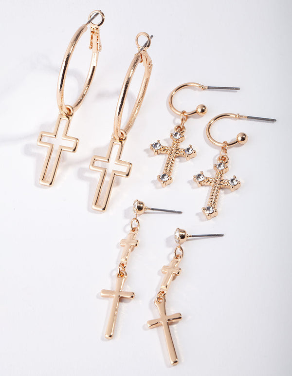 Gold Diamante Cross 3-Pack Drop Earring