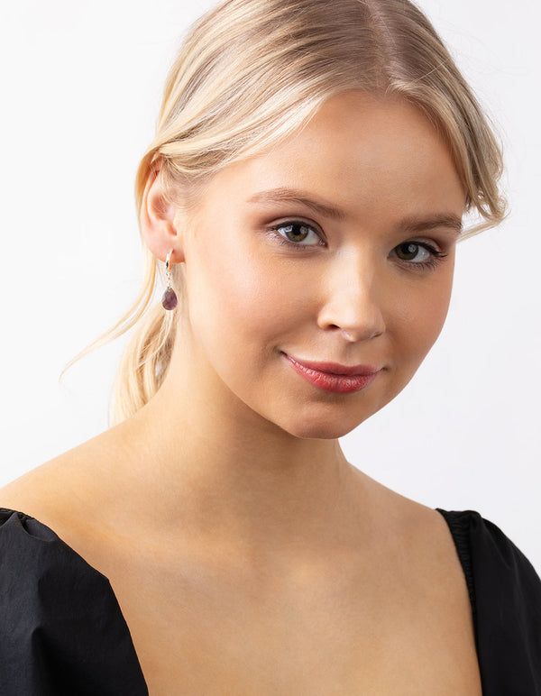 Silver Teardrop Stone Huggie Earrings